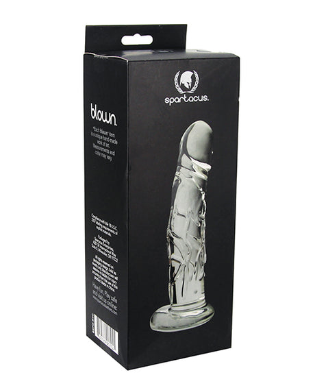 Spartacus Blown Realistic Glass Dildo Medium Clear packaging with detailed phallic design and sturdy base.