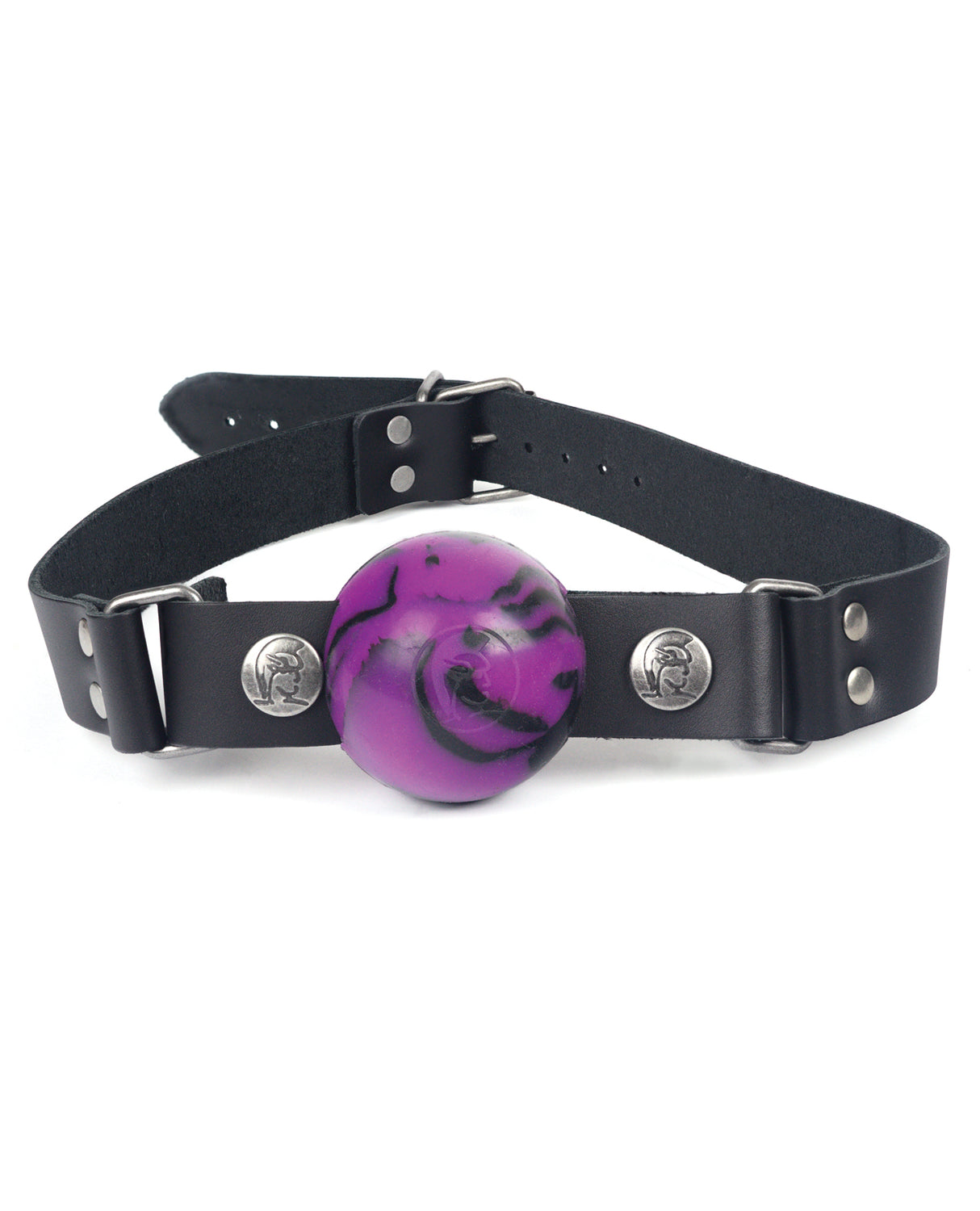 Spartacus Nickel Free Silicone Ball Gag Large in purple and black design, perfect for dominance and submission play.