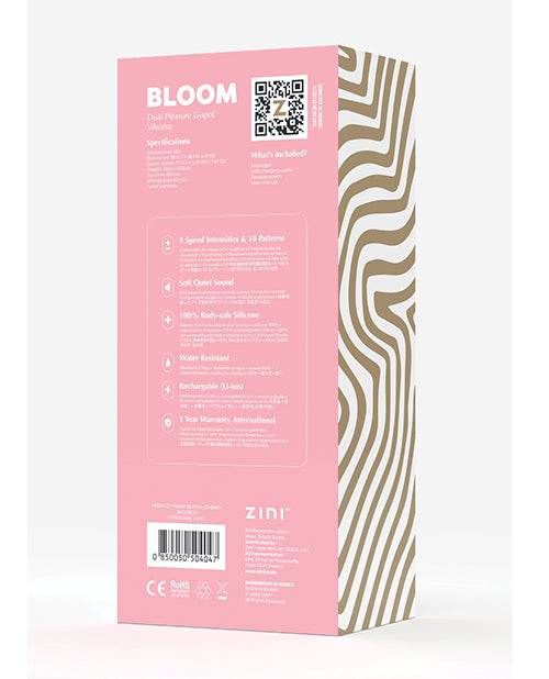 Zini Bloom Cherry Blossom G-Spot Vibrator packaging showing features and specifications.