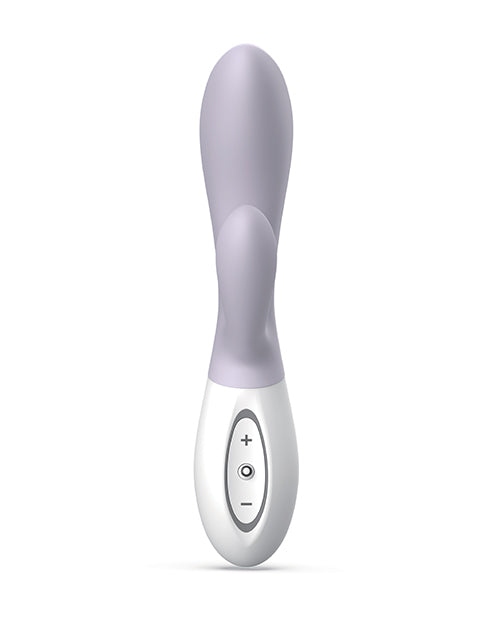 Zini Dew Dual Pleasure Rabbit Vibrator Purple showcasing sleek design and control buttons for personalized pleasure.