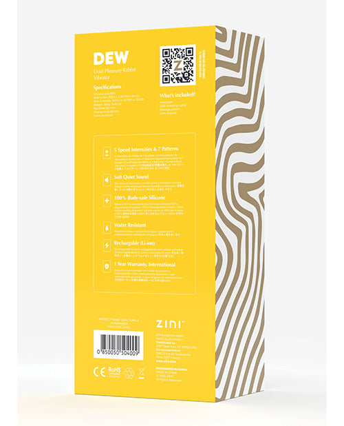 Zini Dew Dual Pleasure Rabbit Vibrator Purple packaging with specifications and features listed on the back.