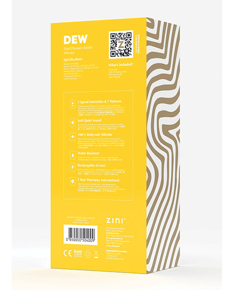 Zini Dew Dual Pleasure Rabbit Vibrator Purple packaging with specifications and features listed on the back.