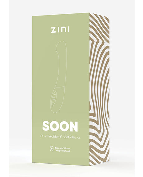 Zini Soon Blue Dual G-Spot Vibrator packaging showcasing its stylish design and features for pleasure.