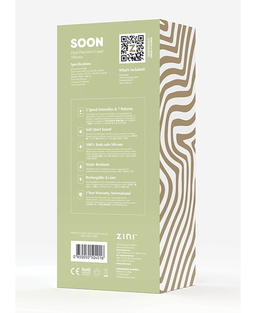 Zini Soon Blue Dual G-Spot Vibrator packaging with specifications and features listed on a green background.