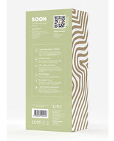 Zini Soon Blue Dual G-Spot Vibrator packaging with specifications and features listed on a green background.