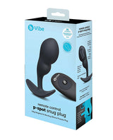 b-Vibe Remote Control P-Spot Snug Plug Black packaging showcasing its design and remote control features for prostate pleasure.