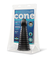 b-Vibe Cone 10 inch Tapered & Ribbed Dildo with Suction Cup packaging featuring textured design and product details.