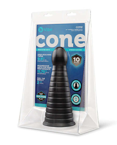 b-Vibe Cone 10 inch Tapered & Ribbed Dildo with Suction Cup packaging featuring textured design and product details.