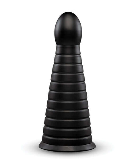 b-Vibe Cone 10 inch Tapered & Ribbed Dildo with Suction Cup in black, featuring a textured tapered design.