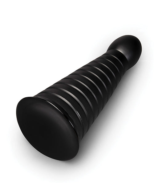 b-Vibe Cone 10 inch Tapered & Ribbed Dildo with Suction Cup in black color, showcasing its ribbed texture and tapered design.