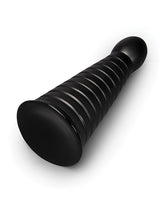 b-Vibe Cone 10 inch Tapered & Ribbed Dildo with Suction Cup in black color, showcasing its ribbed texture and tapered design.