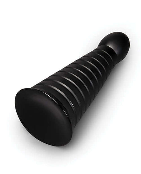 b-Vibe Cone 10 inch Tapered & Ribbed Dildo with Suction Cup in black color, showcasing its ribbed texture and tapered design.