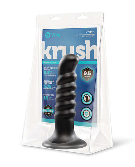 b-Vibe Krush 9.5 inch Curved & Ribbed Dildo Black displayed in packaging with features highlighted