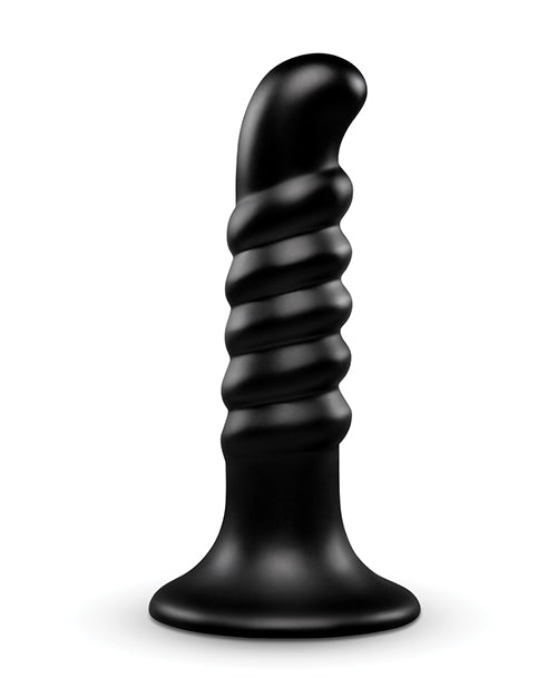 b-Vibe Krush 9.5 inch Curved & Ribbed Dildo Black on a white background showcasing its unique curved and ribbed design.