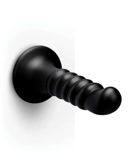 b-Vibe Krush 9.5 inch Curved & Ribbed Dildo Black with textured shaft and curved tip for enhanced pleasure.