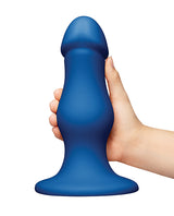 b-Vibe Gape 8.25 inch Bulbous Dildo with Suction Cup in blue held in hand, showcasing its bulbous design.