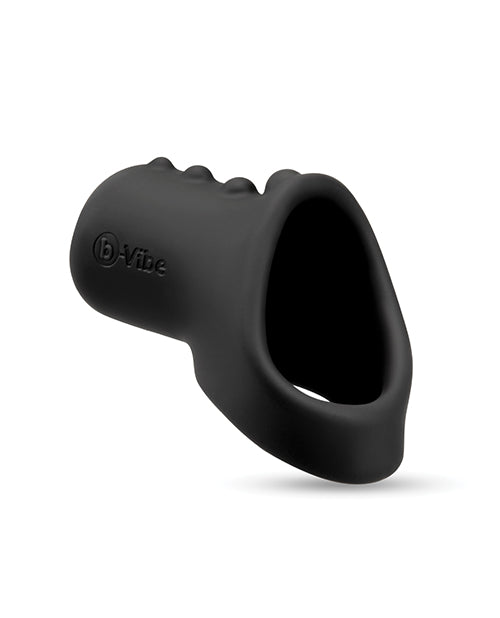 b-Vibe Flex Ring Shaft Silicone Cock Ring & Ball Stretcher close-up view showing soft black silicone design