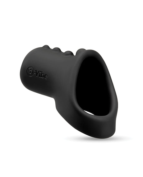 b-Vibe Flex Ring Shaft Silicone Cock Ring & Ball Stretcher close-up view showing soft black silicone design