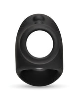 b-Vibe Flex Ring Shaft Silicone Cock Ring & Ball Stretcher in matte black silicone design.