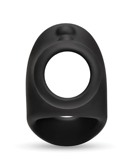 b-Vibe Flex Ring Shaft Silicone Cock Ring & Ball Stretcher in matte black silicone design.