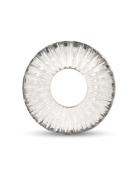 b-Vibe Stretch-Tech Swirl Flexible Secure Fit Cock Ring showcasing unique spiral texture for enhanced stimulation.