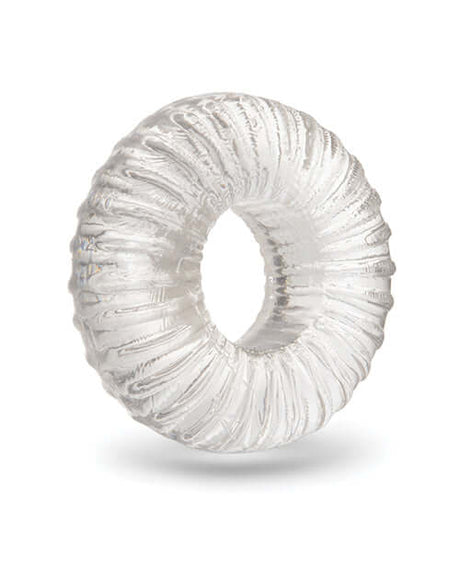 b-Vibe Stretch-Tech Swirl Flexible Secure Fit Cock Ring with a fluid external spiral texture for enhanced stimulation.