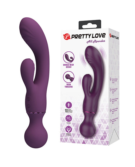 Pretty Love All Rounder Vibrator Purple with dual motors and 10 vibration modes, shown in packaging.
