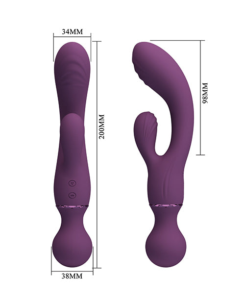 Pretty Love All Rounder Vibrator Purple dual-stimulation toy with measurements and silicone texture.