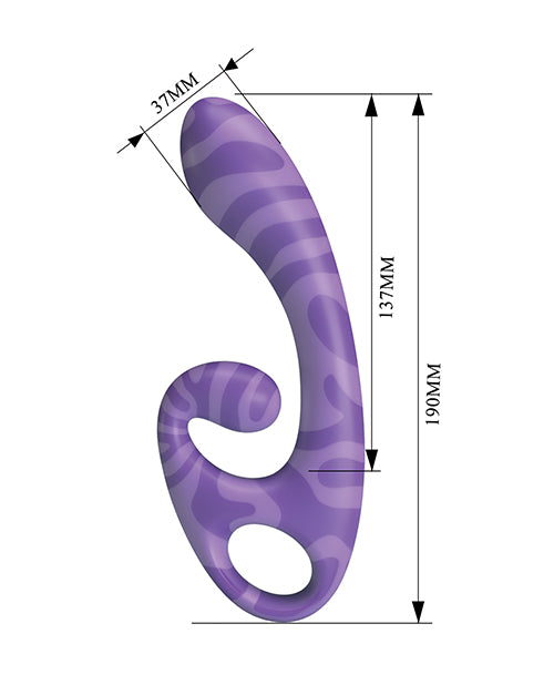 Pretty Love Sumner Rabbit Vibrator Purple dimensions with curved design and soft swirl pattern in purple.