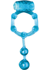 The Macho Erection Keeper Vibrating Cock Ring Blue shown from the front, featuring a stretchy design for stimulation.