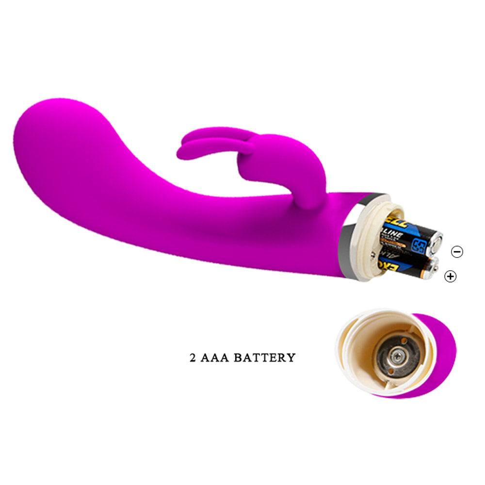 Pretty Love Freda Silicone Rabbit Vibrator Purple showing battery compartment and silicone texture.