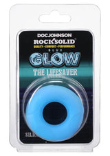 Rock Solid Lifesaver Glow Silicone Cock Ring Blue in packaging with blue glow feature.