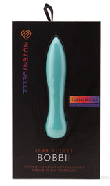 Nu Sensuelle Bobbii XLR8 Bullet Vibrator Electric Blue packaging showcasing turbo boost feature and design.
