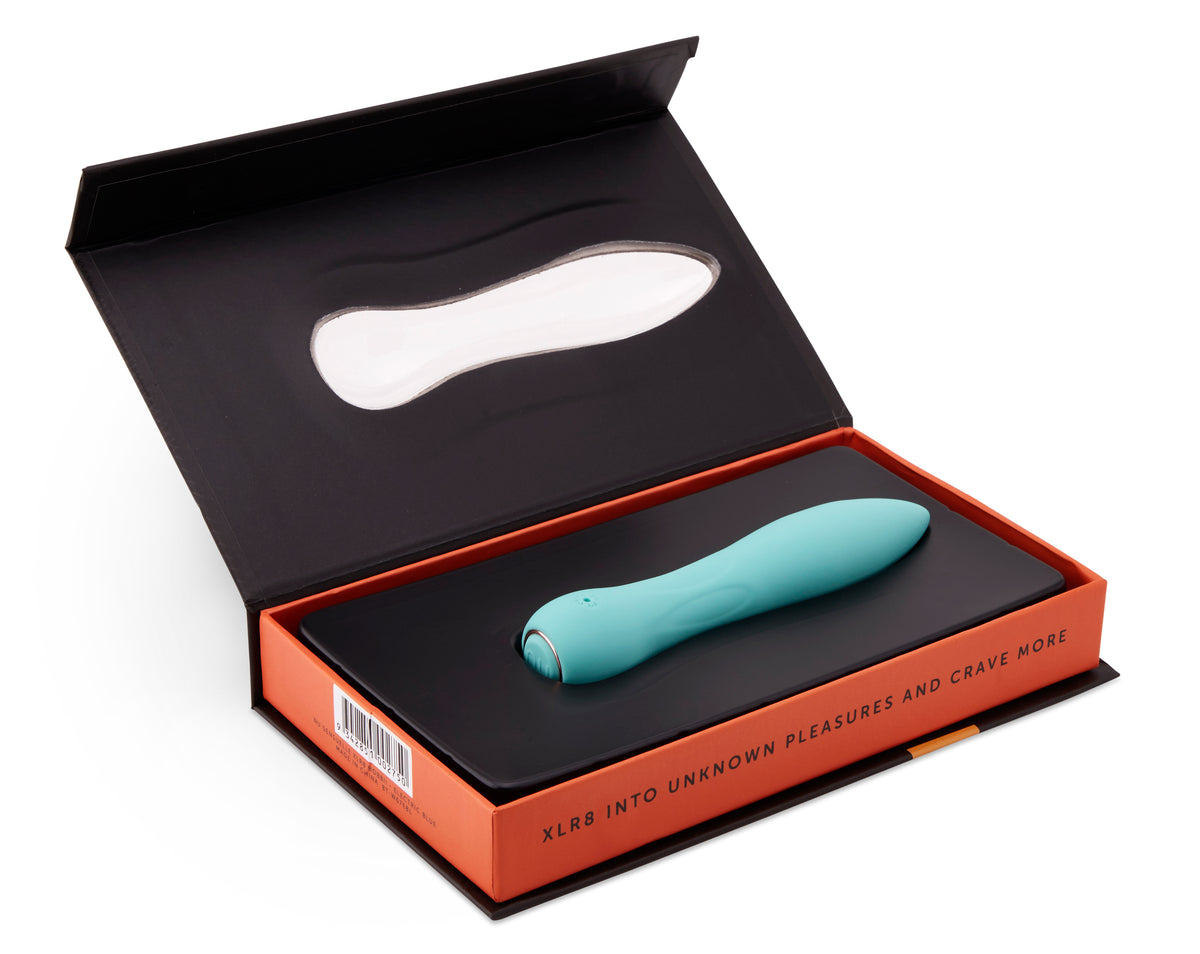 Nu Sensuelle Bobbii XLR8 Bullet Vibrator Electric Blue in packaging, showcasing its sleek design and convenience.