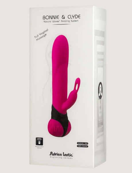 Packaging of Bonnie & Clyde Rechargeable Rabbit Vibrator featuring a dual-stimulation design and natural wave system.