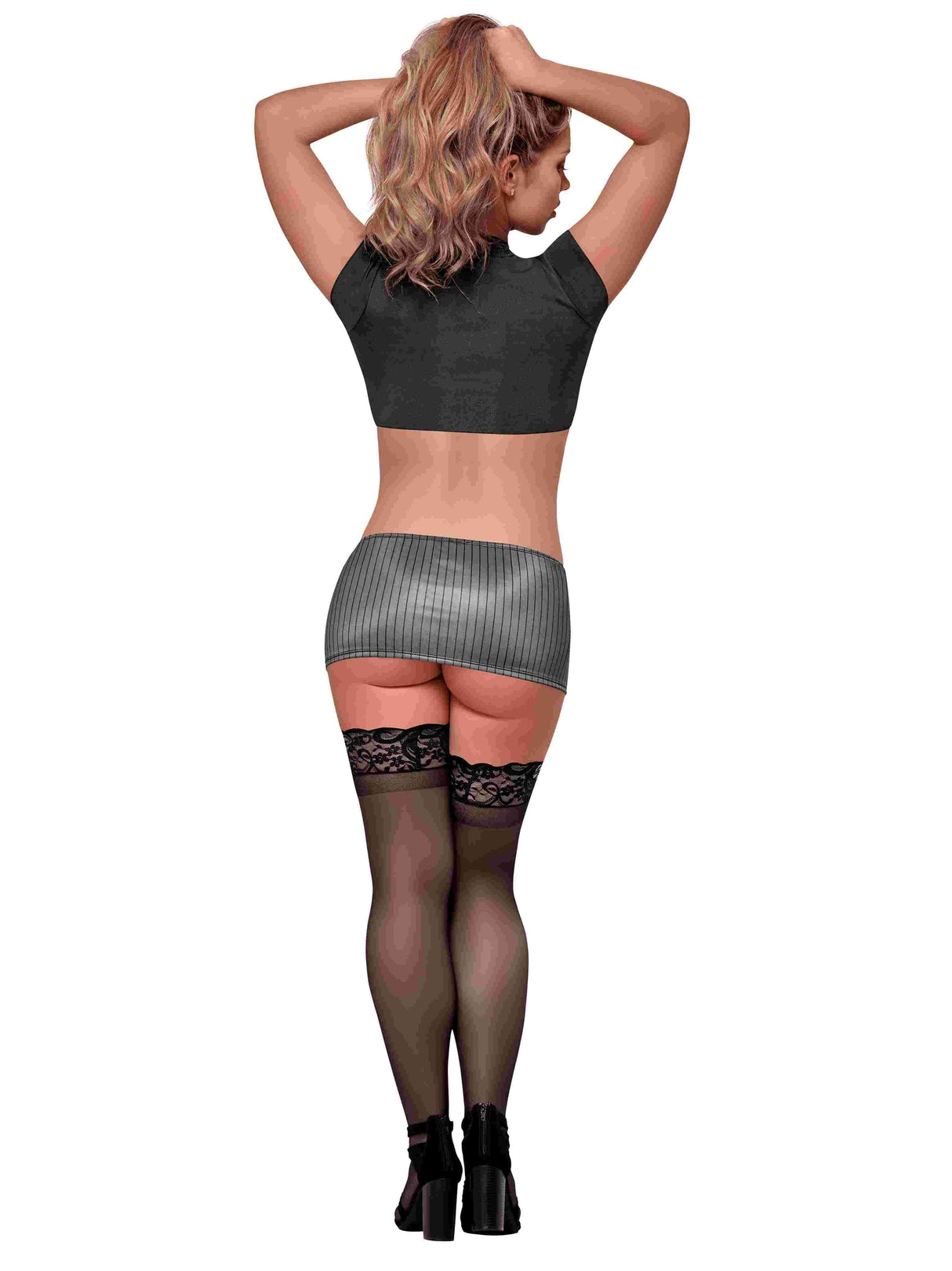 Magic Silk Very Private Secretary Costume Black Large featuring a lycra top and stylish grey and black pinstriped mini skirt.