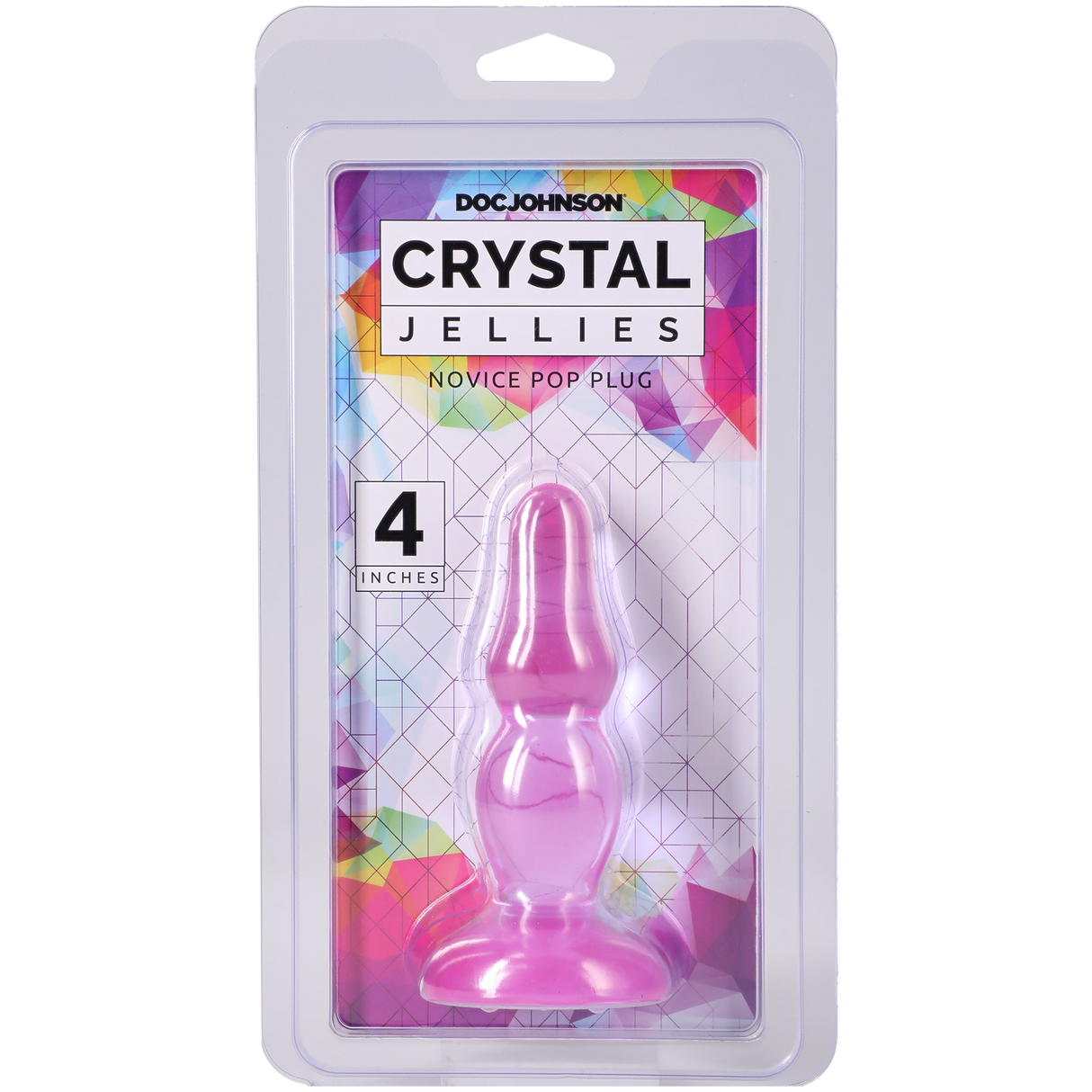 Crystal Jellies Novice Pop Plug 4 Inch Purple in packaging, perfect for beginner backdoor pleasure.