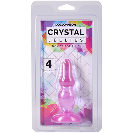 Crystal Jellies Novice Pop Plug 4 Inch Purple in packaging, perfect for beginner backdoor pleasure.