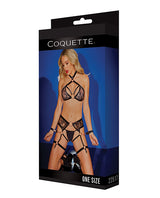 Coquette Black Label Strappy Halter Bondage Set Black displayed on packaging with model wearing the provocative design.