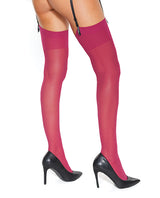 Coquette Sheer Thigh High Stockings Raspberry OS elegantly paired with high heels, showcasing a vibrant raspberry hue.