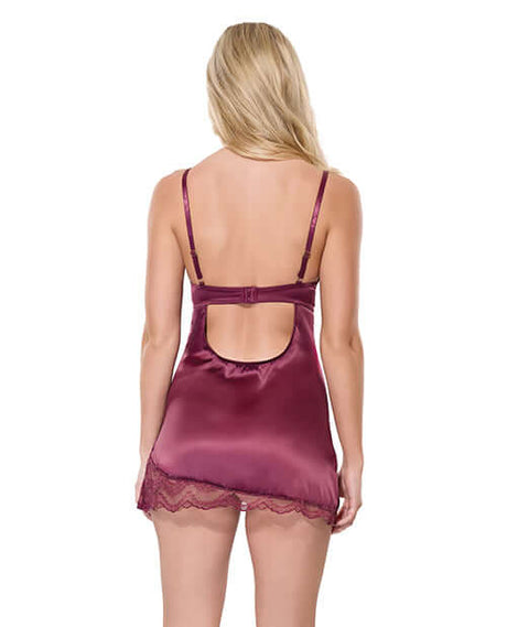 Back view of Coquette Lace Satin Underwire Chemise Mauve Plum showcasing elegant lace and adjustable straps.