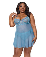 Coquette Floral Lace Babydoll and Thong Set Blue 1X/2X model wearing floral lace and sheer mesh lingerie.
