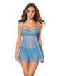 Coquette Floral Lace and Mesh Babydoll Thong Set Blue XL displayed on a model, showcasing its elegant design and fit.