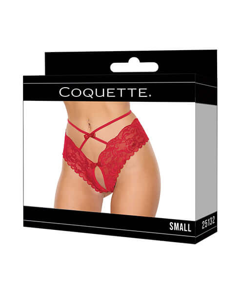 Coquette Lace Hipster Panty with Bow Detail Red SM packaging featuring a strappy design and intricate lace details.