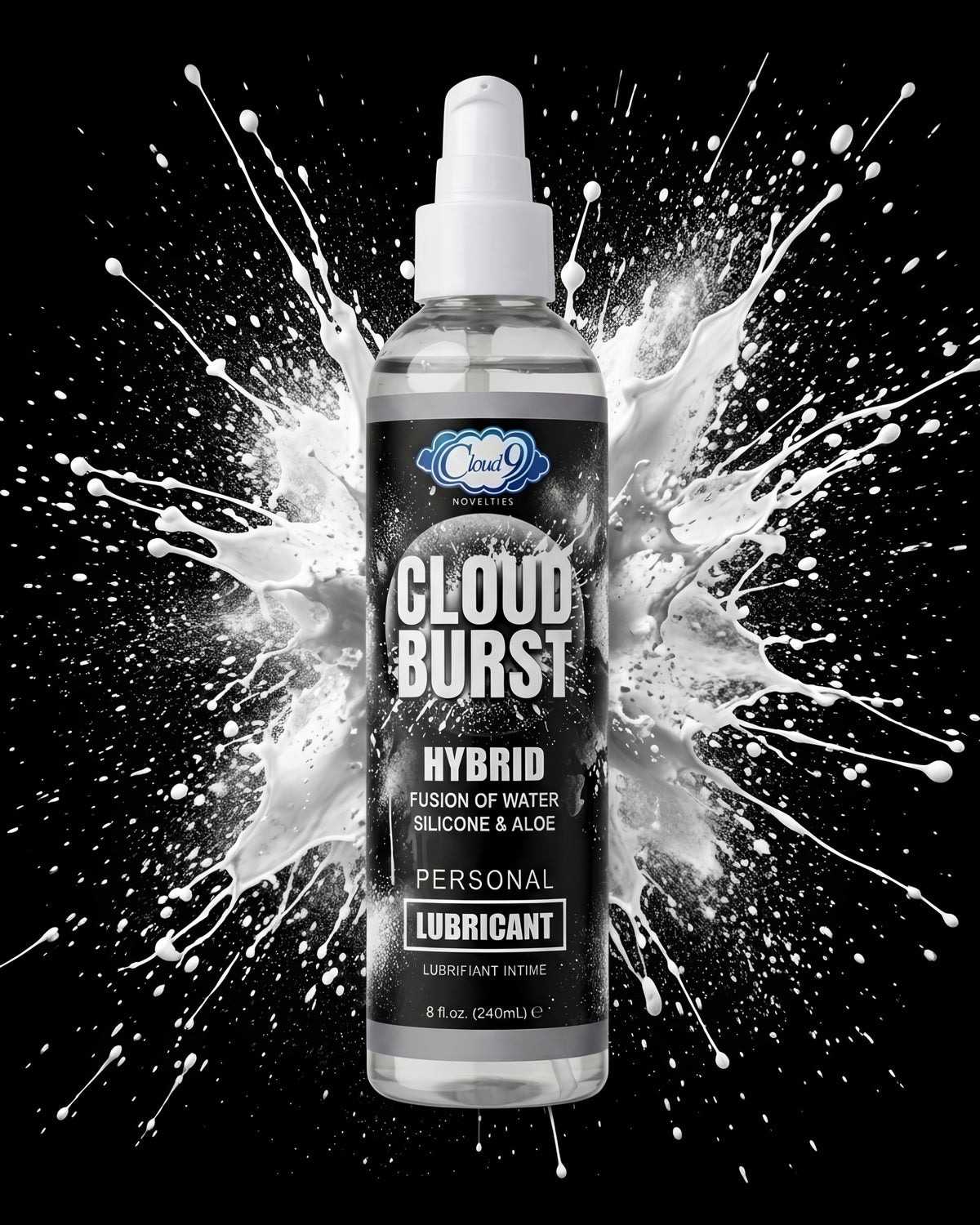 Cloud Burst Hybrid Personal Lubricant 8oz bottle with splash background, showcasing water-silicone fusion.