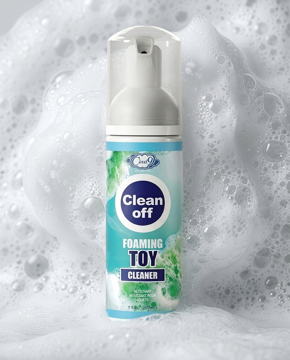 Cloud 9 Clean Off Foam And Toy Cleaner 7 Oz in foamy bubbles, ideal for cleaning intimate accessories.