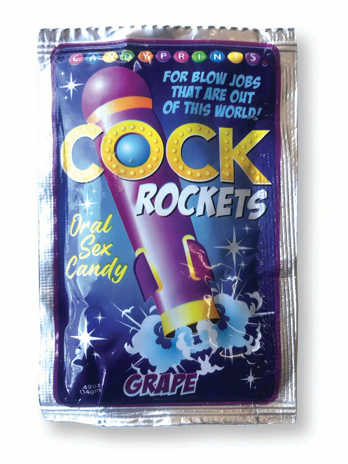 Cock Rockets Oral Sex Candy Grape Flavored package featuring a fun design and popping grape candy for intimacy.