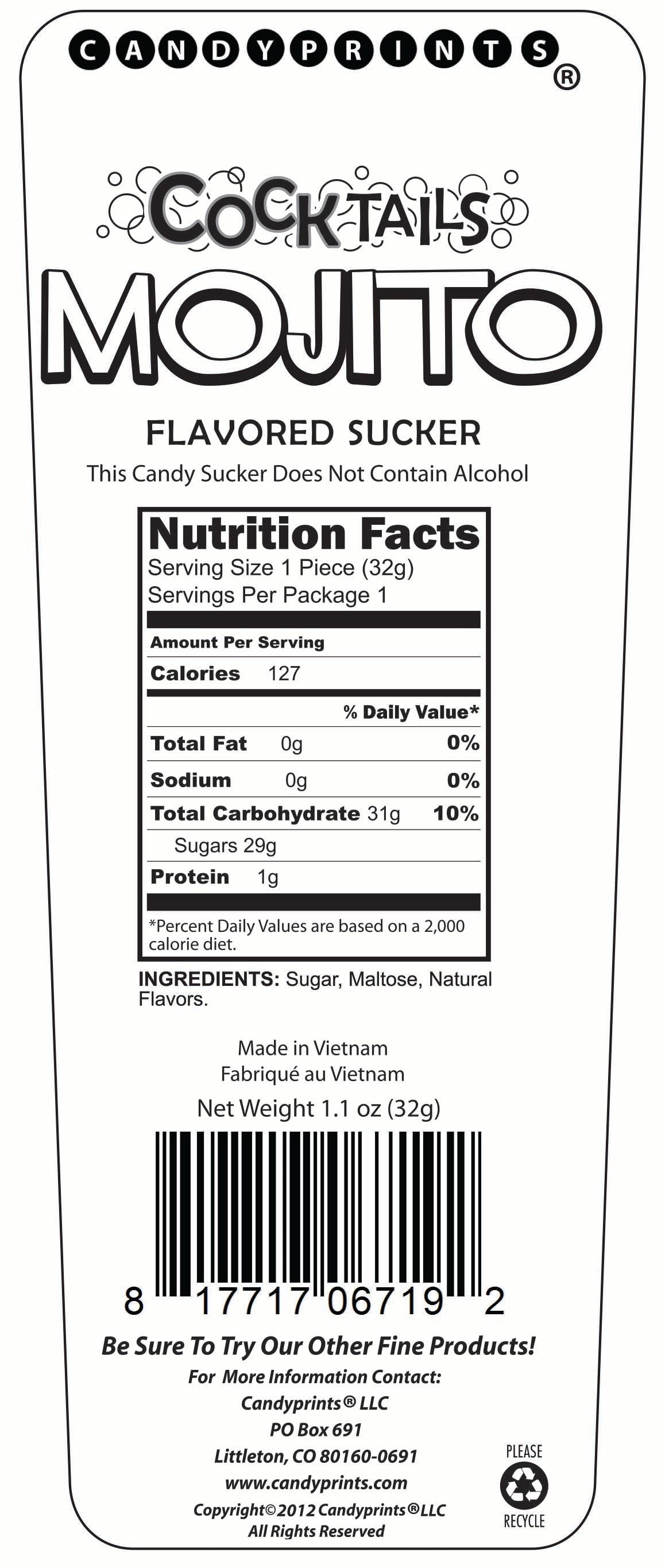 Cocktails Sucker Mojito Flavored Lollipop nutrition label with calorie and ingredient details.