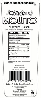 Cocktails Sucker Mojito Flavored Lollipop nutrition label with calorie and ingredient details.