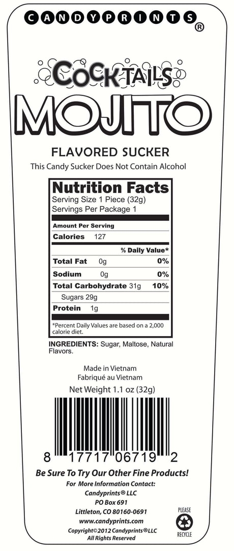 Cocktails Sucker Mojito Flavored Lollipop nutrition label with calorie and ingredient details.